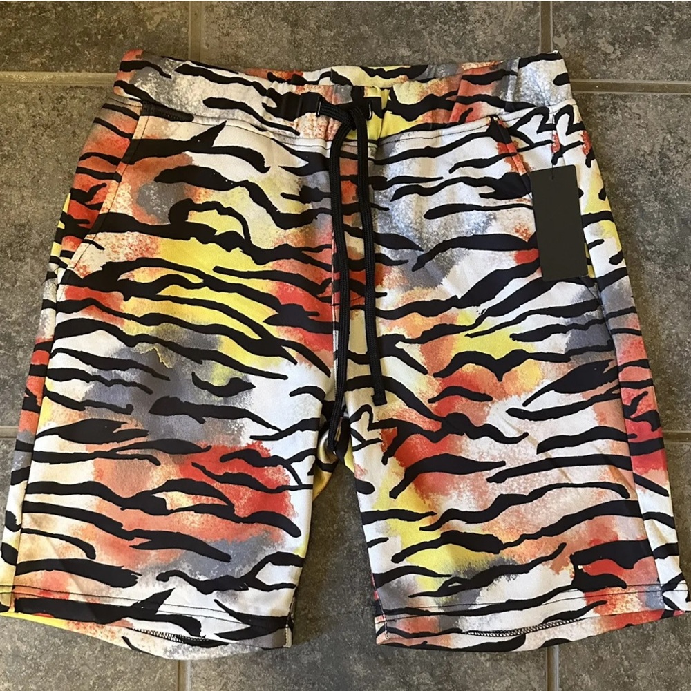 Ed Hardy Mens Shorts Size S Tiger Striped Print Pockets Elastic Waist Sweat
